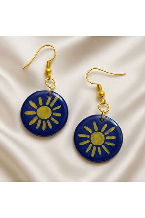 Solaris El Çizimi Güneş Motifli Lacivert Yuvarlak El Yapımı Küpe