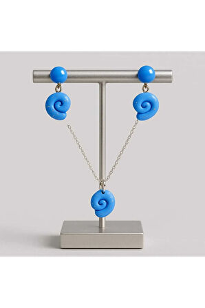 Maréa – El Yapımı Mavi Spiral Kolye ve Küpe Seti | Polimer Kil | Gümüş Renk Zincirli Takım