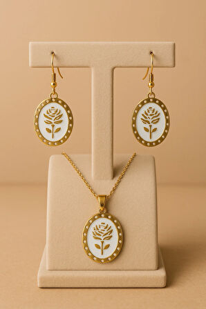 Roséline Altın Detaylı Gül Motifli El Yapımı Küpe ve Kolye Ucu Seti (Zincirsiz)