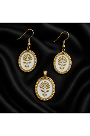 Roséline Altın Detaylı Gül Motifli El Yapımı Küpe ve Kolye Ucu Seti (Zincirsiz)