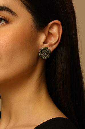 ✨ Éclat Vert – Haki & Altın Işıltılı Gül Küpe ✨