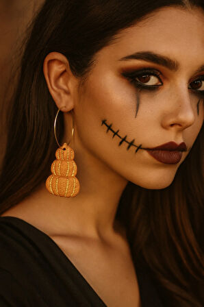 Pumpkin Glow Kabak Tasarımlı Polimer Kil Küpe - Altın Detaylı, El Yapımı, Hafif