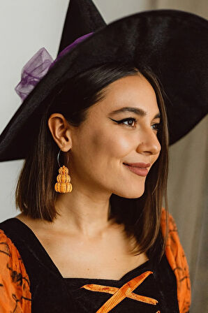 Pumpkin Glow Kabak Tasarımlı Polimer Kil Küpe - Altın Detaylı, El Yapımı, Hafif