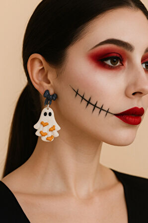 Phantom Bows Hayalet Figürlü Parlak Kurdeleli Halloween Özel Tasarım Küpe - El Yapımı Polimer Kil