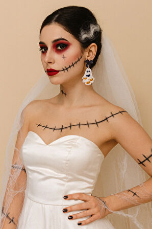 Phantom Bows Hayalet Figürlü Parlak Kurdeleli Halloween Özel Tasarım Küpe - El Yapımı Polimer Kil