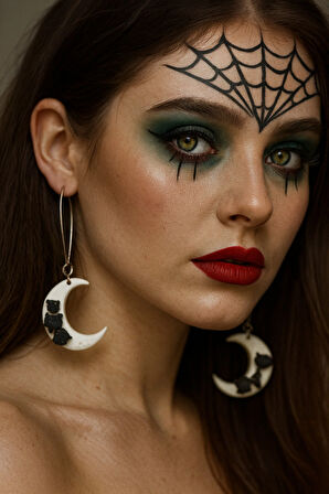 Lunaria Noctis El Yapımı Polimer Kil Siyah Kedi Figürlü Ay Şeklinde Küpe Halloween İçin