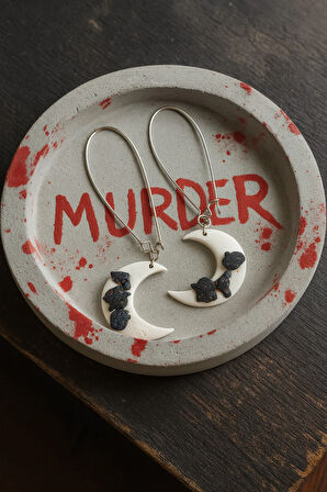 Lunaria Noctis El Yapımı Polimer Kil Siyah Kedi Figürlü Ay Şeklinde Küpe Halloween İçin