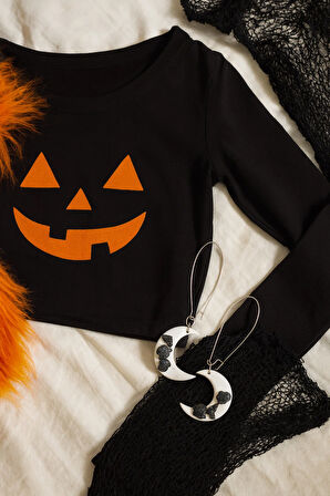 Lunaria Noctis El Yapımı Polimer Kil Siyah Kedi Figürlü Ay Şeklinde Küpe Halloween İçin