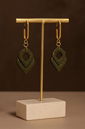 Émeraude Élégance Yeşil Altın Detaylı Geometrik Tasarım El Yapımı Polimer Kil Küpe -