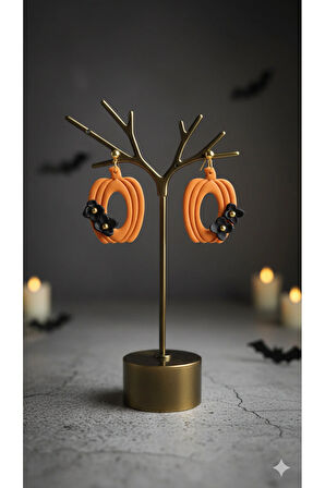 Nocturna Bloom El Yapımı Polimer Kil Küpe – Halloween Konsept Turuncu Siyah Çiçek Tasarım