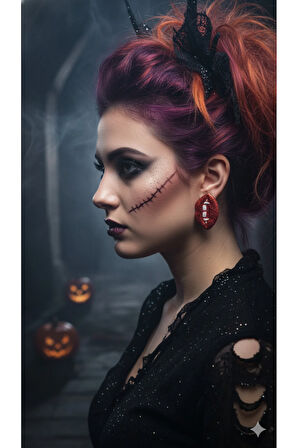 Bloody Kiss El Yapımı Polimer Kil Küpe – Vampir Dişi Tasarım – Kırmızı Simli Gotik Küpe