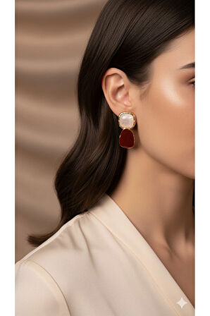 Rosélia El Yapımı Polimer Kil Küpe – Bordo ve İnci Pembe Renkli Zarif Model – Altın Detaylı Tasarım