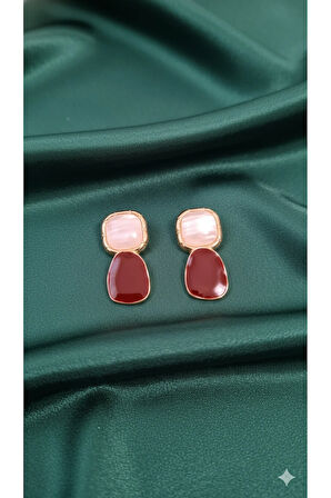 Rosélia El Yapımı Polimer Kil Küpe – Bordo ve İnci Pembe Renkli Zarif Model – Altın Detaylı Tasarım