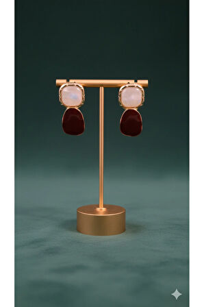 Rosélia El Yapımı Polimer Kil Küpe – Bordo ve İnci Pembe Renkli Zarif Model – Altın Detaylı Tasarım