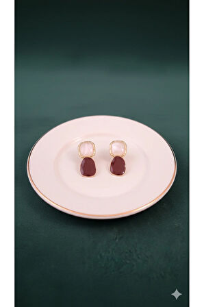 Rosélia El Yapımı Polimer Kil Küpe – Bordo ve İnci Pembe Renkli Zarif Model – Altın Detaylı Tasarım