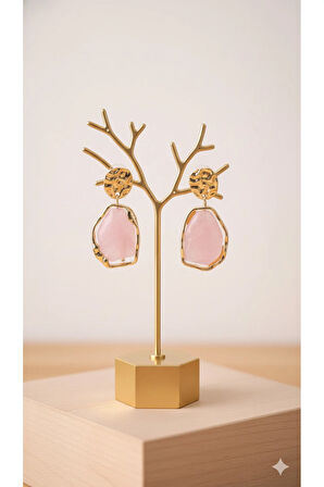 Rosalinda El Yapımı Polimer Kil Küpe – Pembe ve Altın Renkli Zarif Tasarım – Şık ve Modern Model