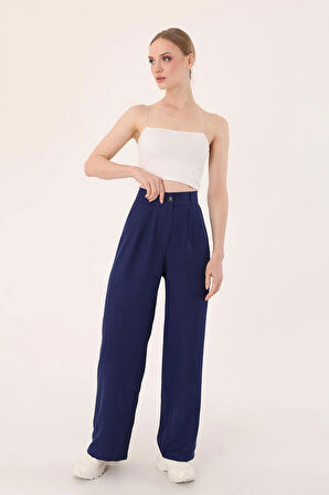	Kadın Lacivert Yüksek Bel Keten Palazzo Pantolon
