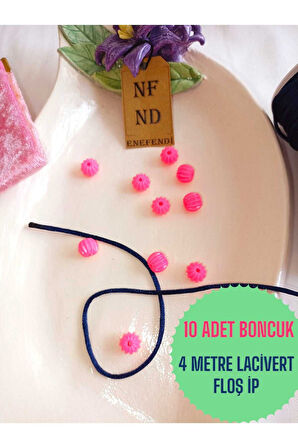 10 Adet Pembe Boncuk 4 Metre Lacivert Floş Ip Ve Bileklik Aparatı Sert Plastik Hediye