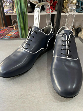 LACİVERT DERİ -BEYAZ BİYELİ ALFA ERKEK TANGO-DANS VE SALON AYAKKABISI