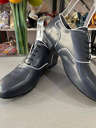 LACİVERT DERİ -BEYAZ BİYELİ ALFA ERKEK TANGO-DANS VE SALON AYAKKABISI