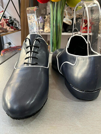 LACİVERT DERİ -BEYAZ BİYELİ ALFA ERKEK TANGO-DANS VE SALON AYAKKABISI