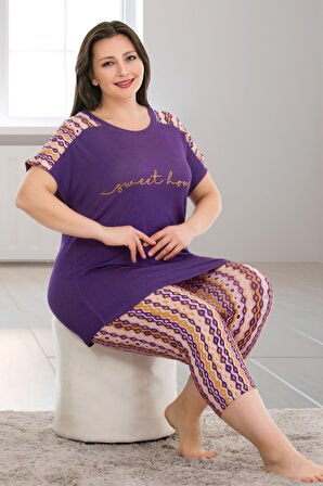 Mor Renk ve Çiçek Desenli Lady 10671 Büyük Beden Kapri Pijama Takımı