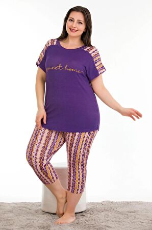 Mor Renk ve Çiçek Desenli Lady 10671 Büyük Beden Kapri Pijama Takımı