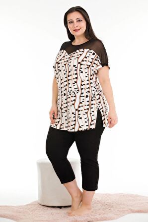 Siyah - Beyaz Renk ve Çizgi Desenli Lady 10675 Büyük Beden Kapri Pijama Takımı