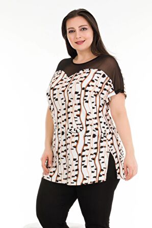 Siyah - Beyaz Renk ve Çizgi Desenli Lady 10675 Büyük Beden Kapri Pijama Takımı