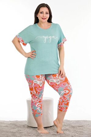 Mavi Renk ve Çiçek Desenli Lady 10685 Kadın Kısa Kol Kaprili Büyük Beden Pijama Takımı