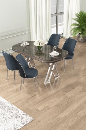 Lai Serisi 90x168 Lak Panel Antrasit İroni Masa 4 Antrasit Sandalye Krom Kaplama Ayak