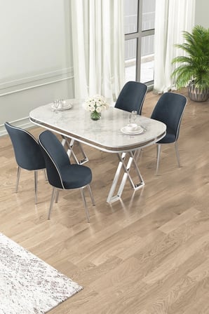 Lai Serisi 90x168 Lak Panel Beyaz Mermer Desen Masa Ve 4 Antrasit Sandalye Krom Ayak