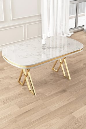 Lai Serisi 90x168 Lak Panel Beyaz Mermer Desen Gold Ayak Masa Takımı 6 Antrasit Sandalye