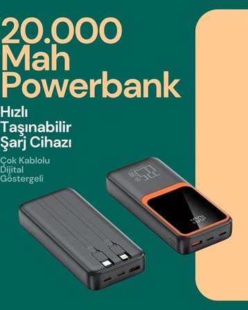 Taşınabilir Şarj Cihazı 20000 Mah | 22.5w Hızlı Şarj + Dijital Ekran + Kablo Dahil