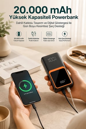 20.000 Mah Taşınabilir Şarj Cihazı Dijital Göstergeli Kablolu Powerbank