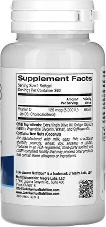 Lake Avenue Vitamin D3 Nutrition Vitamin D3 Immune System Bone Health 360 Softgels