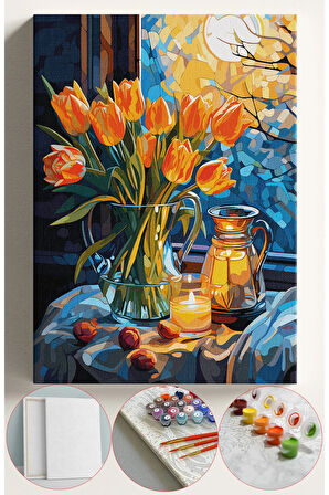 Sayılarla Boyama Seti Numaralı Tuval Fırça Boya 40x50 Cm - LALELER VE GECE