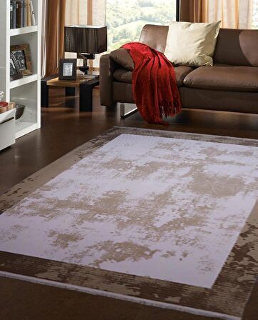 İpek Mekik Halı Lapena Kahve Ekru Eskitme Desenli Halı