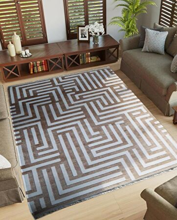 İpek Mekik Halı Lapena Kahve Ekru Çizgili Saçaklı Halı