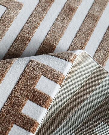 İpek Mekik Halı Lapena Kahve Ekru Çizgili Saçaklı Halı