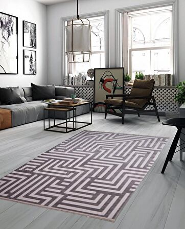 İpek Mekik Halı Lapena Gri Beyaz Geometrik Çizgili Halı