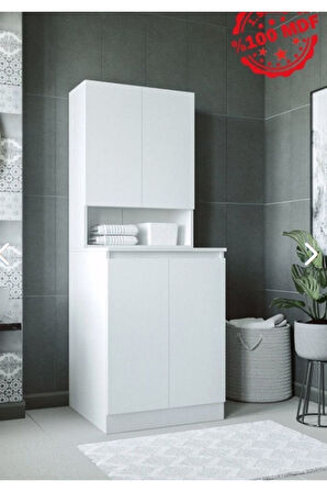 Lara Cd2 Çok Amaçlı Banyo Üst Dolaplı Çamaşır-kurutma Makinesi Dolabı Takımı - Parlak Beyaz