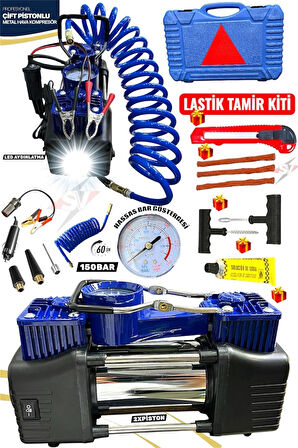 Çift Silindirli Lastik Şişirme Oto Kamyon 12V 150 PSI Ağır Hizmet Tipi Çantalı Hava Kompresörü