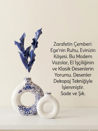 Dekoratif  Modern Mavi-Beyaz Desenli İskandinav Ev, Ofis&Hediyelik Vazo Seti(Mavi Yapraklar Dahildir)