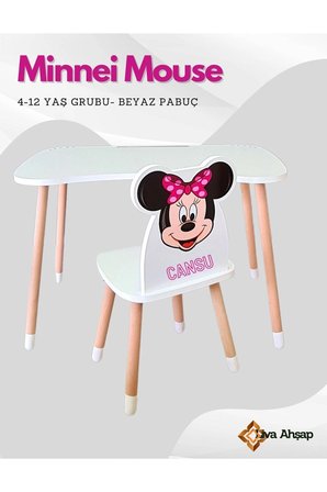 Çocuk Ders Çalışma Masa Ve Sandalye Takımı 4-12 Yaş Minnie Mouse Beyaz Papuçlu