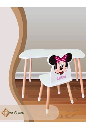 Çocuk Ders Çalışma Masa Ve Sandalye Takımı 4-12 Yaş Minnie Mouse Beyaz Papuçlu