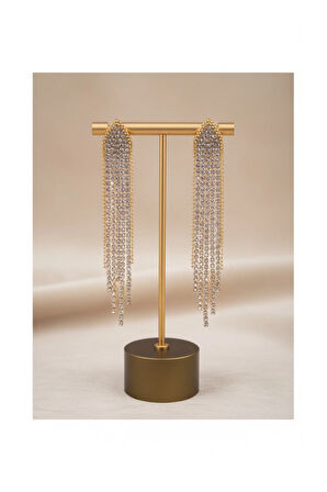Véline Işıltılı Uzun Küpe – Altın Renkli Taşlı Zincir Tasarım – Gece Şıklığı ve Zarif Görünüm