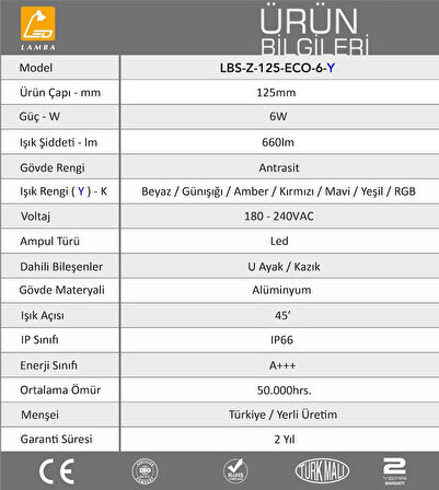 Lambaled 6W Led Bahçe Peyzaj Spotu Amber