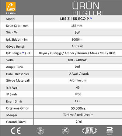 Lambaled 9W LED Bahçe Peyzaj Spotu Amber