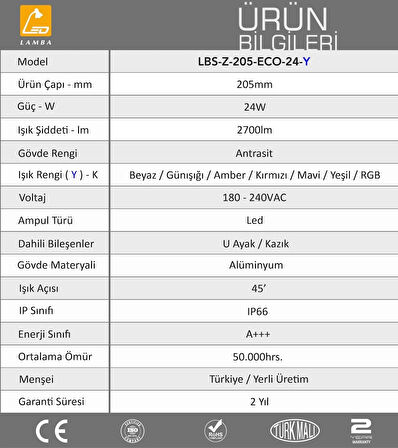 Lambaled 24W Led Bahçe Peyzaj Spotu Amber